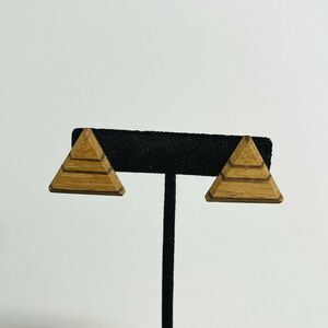 Paul Sumner Hand Carved Signed Wood Triangle Clip On Earrings 1986